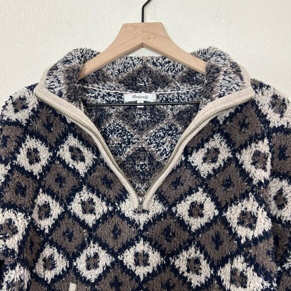 Madewell Popover Sweater Fuzzy Teddy Bear Style Fleece 1/4 Zip Diamond Print M - Picture 4 of 15
